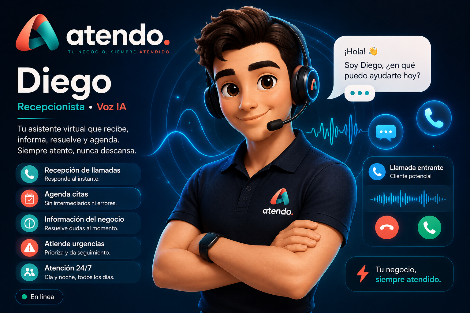 Diego, agente de voz recepcionista de Atendo